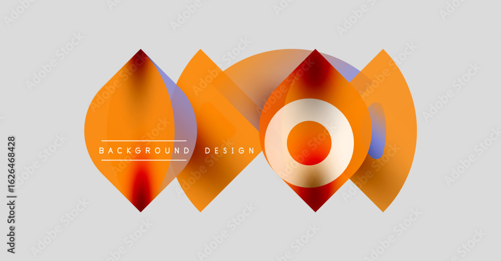 Poster abstract design features vibrant orange, red shapes. overlapping layers create dynamic visual effect