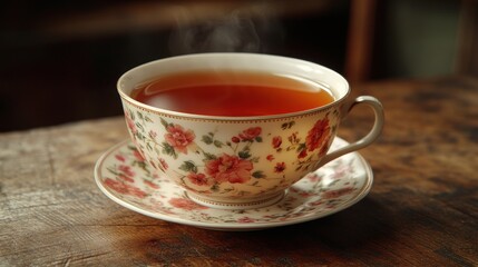 Fototapeta premium Floral teacup, steaming hot drink