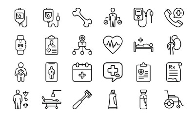 Modern Healthcare and Medical Line Icons – Patient Care, Hospital Equipment, Diagnosis Tools, Toothbrush, Prescription, Injection, and Medical Communication Symbols