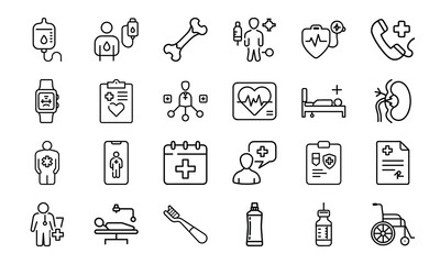 Modern Healthcare and Medical Line Icons – Patient Care, Hospital Equipment, Diagnosis Tools, Toothbrush, Prescription, Injection, and Medical Communication Symbols