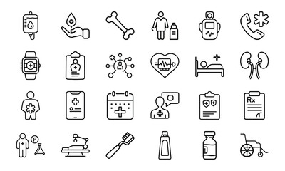 Modern Healthcare and Medical Line Icons – Patient Care, Hospital Equipment, Diagnosis Tools, Toothbrush, Prescription, Injection, and Medical Communication Symbols