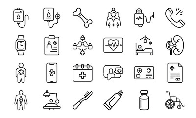 Modern Healthcare and Medical Line Icons – Patient Care, Hospital Equipment, Diagnosis Tools, Toothbrush, Prescription, Injection, and Medical Communication Symbols