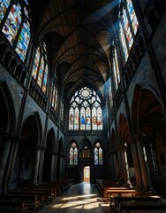 Fototapeta premium Sunlight streams through stained glass windows in a majestic cathedral, casting a serene glow over the stone arches and wooden pews below