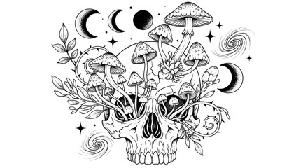 Mystical Skull Adorned with Magical Mushrooms and Celestial Phases
