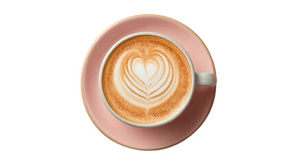 A top-down view of a latte art coffee.  A light gray mug filled with a latte, featuring a heart design in the frothed milk, sits on a light pink saucer