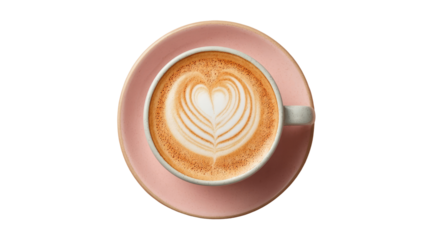A top-down view of a latte art coffee.  A light gray mug filled with a latte, featuring a heart design in the frothed milk, sits on a light pink saucer