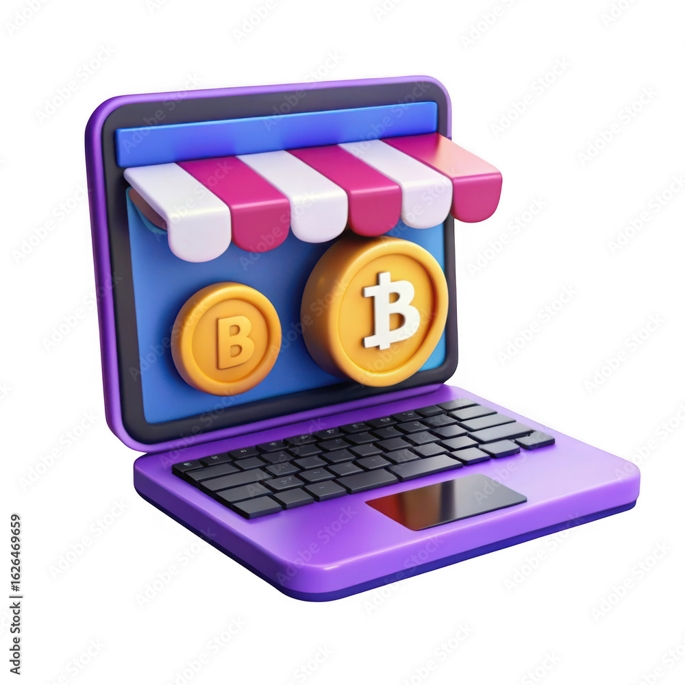 Aufkleber 3d rendering of a purple laptop displaying cryptocurrency coins with a storefront awning isolated on