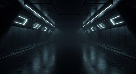 青白いネオン光輝く未来都市地下通路 暗い金属通路奥へ続く. AI Generated