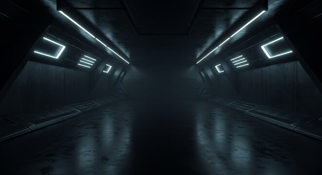 青白いネオン光輝く未来都市地下通路 暗い金属通路奥へ続く. AI Generated - Powered by Adobe