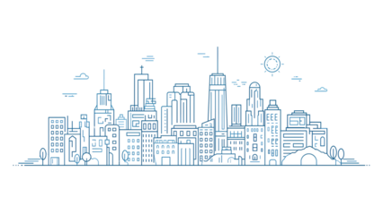 "Minimalist Line Art Cityscape with Skyscrapers, Trees, and Sun"