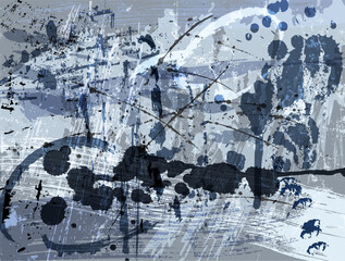 abstract grunge background, illustration with paint strokes and splashes, on blue, grey