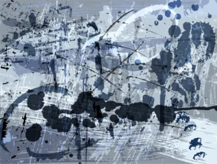 Fotobehang abstract grunge background, illustration with paint strokes and splashes, on blue, grey © Kirsten Hinte