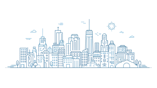 "Minimalist Line Art Cityscape with Skyscrapers, Trees, and Sun"