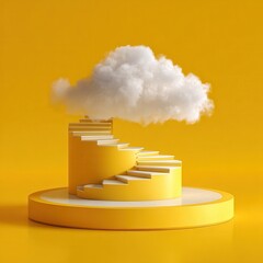 3d render, white fluffy cloud flying above the cylinder pedestal, stairs, steps, round podium, minimal room interior. Isolated objects, bright yellow background, modern design.