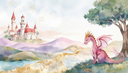Fototapeta premium Pink dragon on green hillside, dynamic pose, wings spread. Lush green plants contrasts dragon vibrant color. Castle in background with white walls, red roofs. Blue sky, fluffy white clouds.