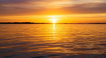 Fototapeta premium Fiery Sunset over Calm Lake, Dramatic Sky and Water Reflections.