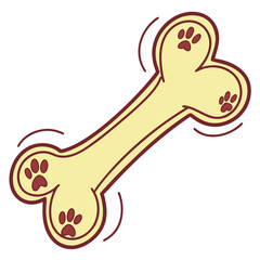 Shaking pale yellow bone adorned with brown paw prints rests on a white background