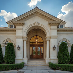 Obraz premium The mansion entrance, featuring an elegant arched doorway and hedges, exudes architectural luxury in the afternoon light.