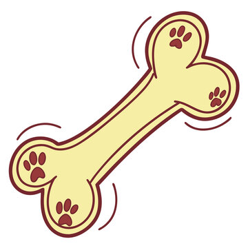 Shaking pale yellow bone adorned with brown paw prints rests on a white background