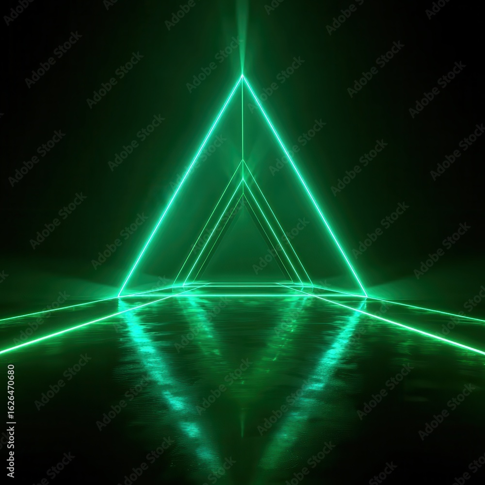 Aufkleber 3d render. abstract green neon background with triangular shape, laser rays and glowing lines.