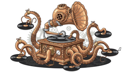 Steampunk Octopus Phonograph Playing Records