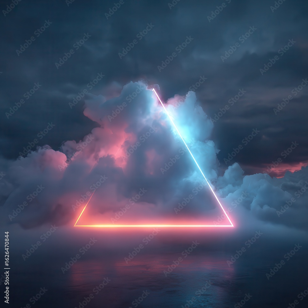 Poster 3d render, abstract minimal background, pink blue neon light triangular frame with copy space, illum