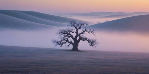 Solitary tree in misty rolling hills at sunrise