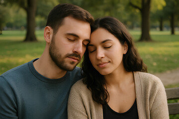 Fototapeta premium Couple sharing a calm, intimate embrace on a park bench, enjoying a peaceful moment in nature with eyes closed, finding peace in each other's presence