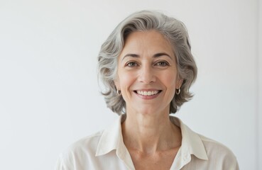 Fototapeta premium Mature woman with gray hair stands out against stark white background. She wears white collared shirt, gold earrings. Her smiling face and direct gaze capture attention.