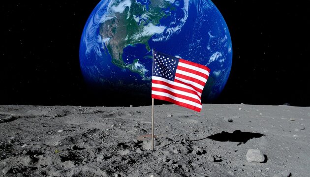 American Flag on Lunar Surface with Earth in Dark Space Backdrop - Powered by Adobe