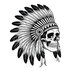 Fototapeta premium Tribal skull wearing a native american headdress with feathers in black and white