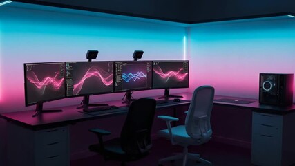 Dynamic Gaming Setup: Triple Monitors Neon Lights and High-Performance PC.
