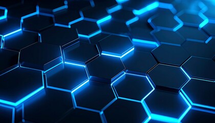 Abstract hexagonal pattern, dark blue, glowing blue lines
