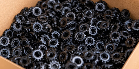 Black plastic grommets fill a cardboard box. Industrial manufacturing components