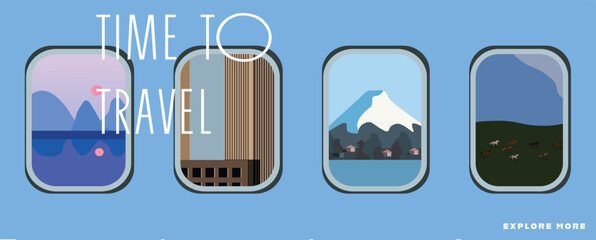 Train and Landscape Vector Illustration. Time to travel, tourism, vacation, ecotourism, landscape