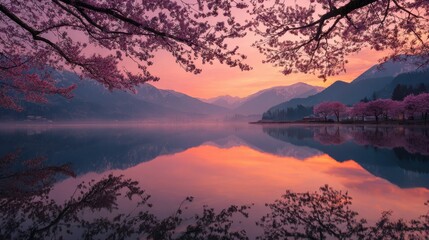 Sunrise hues over a misty lake, cherry blossoms glowing pink, mountain silhouettes perfectly mirrored in the water, a moment of pure serenity