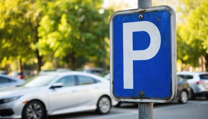 Blue metal city parking sign stands out in parking lot. White car diagonal line, movement, parking space marked with P. Green lawn, blue sky in background. Urban car park space, traffic,