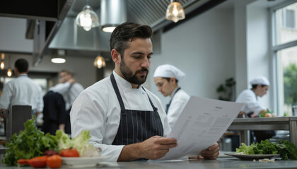 Chef in kitchen discusses menu with staff. Team collaboration in small business operations. Pro kitchen staff prepare food for dine-in guests. Menu planning, culinary skills in hospitality industry.