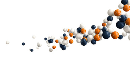 Abstract molecular structure, spheres of white, orange, and dark blue, clustered and flowing, on a black background