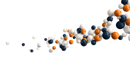 Abstract molecular structure, spheres of white, orange, and dark blue, clustered and flowing, on a black background