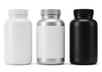 Three pharmaceutical bottles white silver and black caps