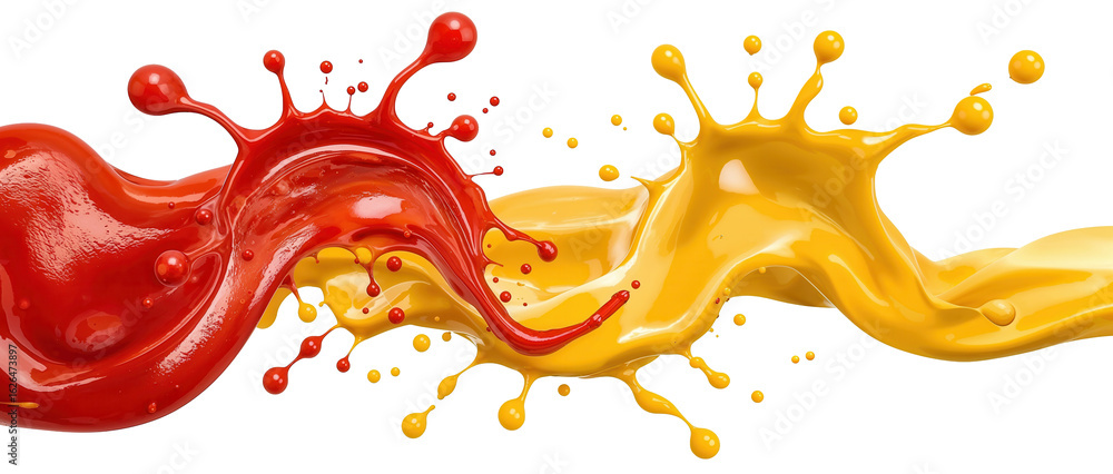Poster a vibrant clash of colors in a dynamic splash, featuring red and yellow fluids merging in motion