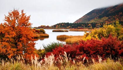 Autumnal lake scene with vibrant foliage