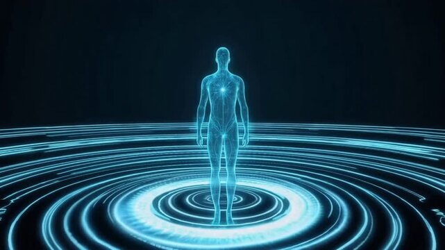 3D hologram of a human body surrounded by energy rings, symbolizing quantum healing, digital transformation, and futuristic medical science