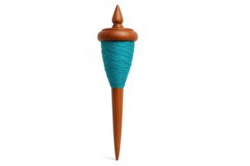 Vintage wooden spindle wrapped with turquoise yarn, showcasing textile crafting material against transparent backdrop
