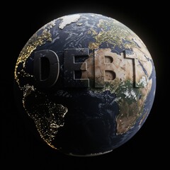Planet Earth with Debt Text Highlighting Global Crisis