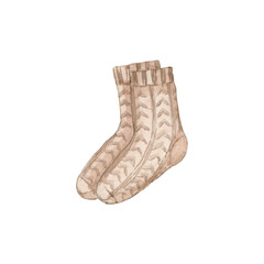 Watercolour autumn knitted warm socks. Use as print, illustration, stickers, element design, package, card.