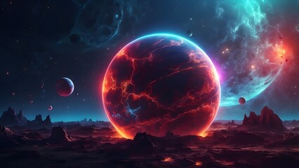 A mysterious planet with glowing symbols across its surface.Cinematic theme, HDR, Vibrant