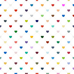 Vibrant seamless pattern of multicolored hearts arranged in a diamond grid on a white background, perfect for modern, romantic, and festive designs.
