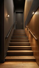 Fototapeta premium Wooden staircase leads to dark door in modern interior design setting. Dark wood floor, walls with rich texture created by different wood types. Stairs feature metal handrail on left side, wooden